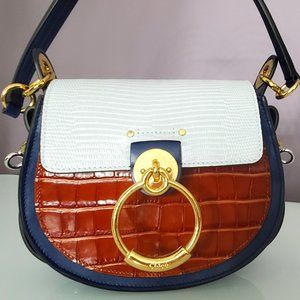 Small Tess Bag Calfskin Crocodile Embossed Blue Brown